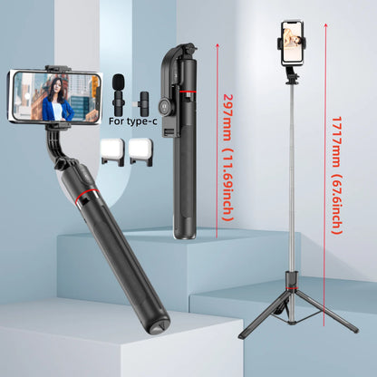 FANGTUOSI Selfie Stick Tripod with Bluetooth Remote, 6-Section Extendable Pole, 360° Rotation, Fill Light Option, for Phone Vlog
