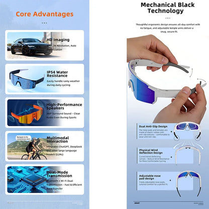 2026 New Smart Cycling Glasses 3200W Photo Pixel AI Intelligent Identification IP54 Waterproof Bluetooth 5.3 Smart Glasses