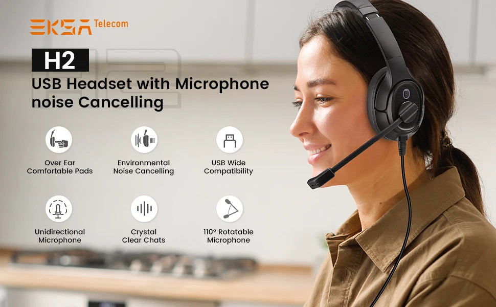 EKSA H2 Office Headset with Mic USB Wired Headphones ENC Noise Cancelling Over-Ear 40mm Mute Switch Volume Control Call Center