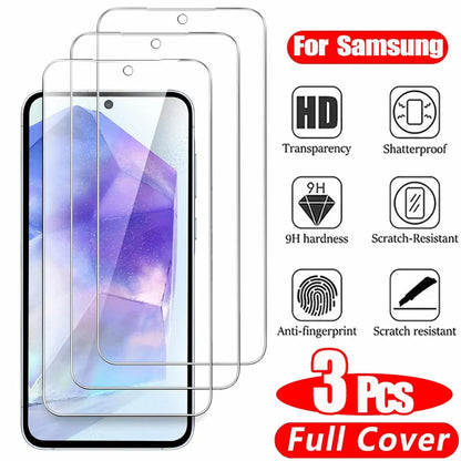 3PCS HD Tempered Glass For Samsung A18 A17 A27 A37 A57 A16 A26 A36 A56 A55 A53 A54 A35 A25 A15 Screen Protector Samsung Galaxy S26 S25 S24 Ultra Cristal Templado S24 FE S23 S22 S21 Plus