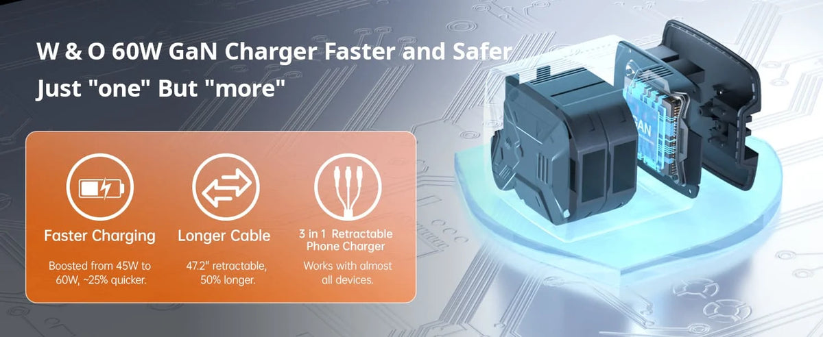 W & O 60W GAN Fast Charger for iPhone, Retractable Phone Charger Wall Plug with Type‑C & Compatible Lightning Cables, for iPhone 17/16/15, Galaxy S25/24, Android Devices