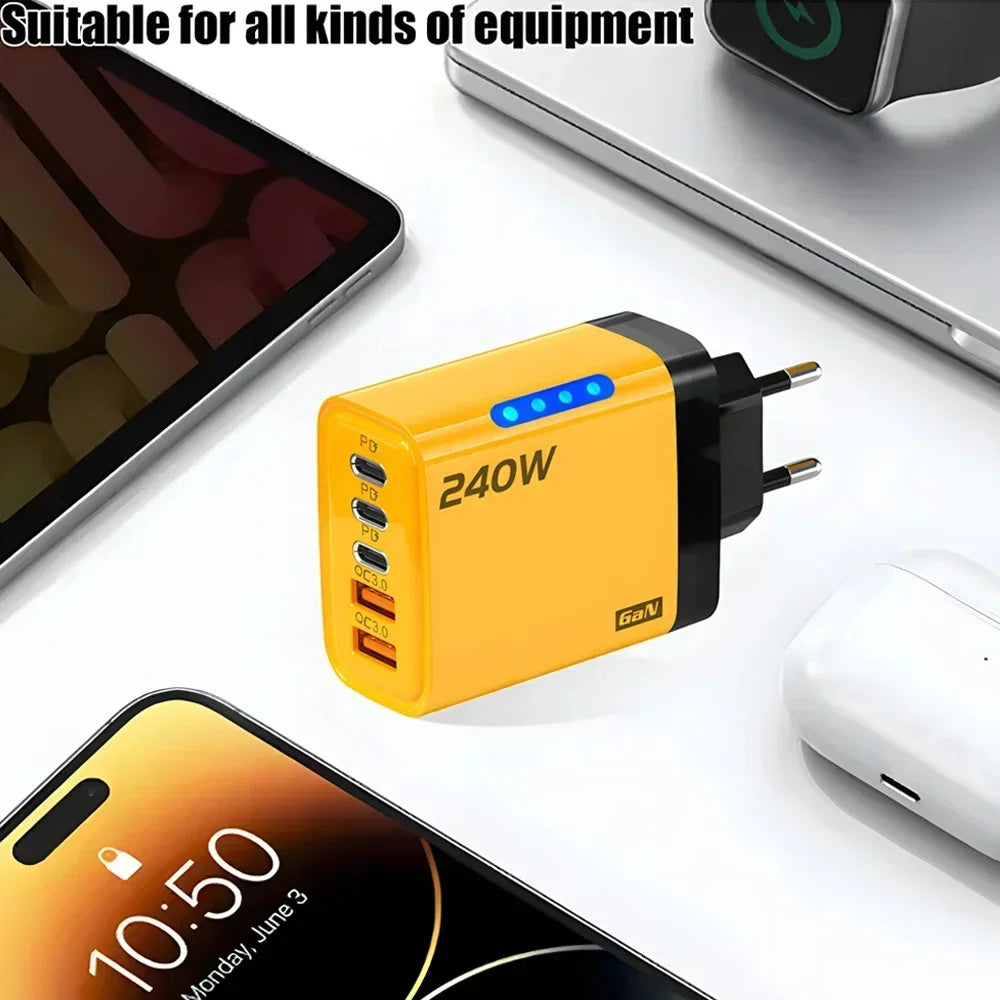 240W USB C Phone Charger Fast Charging Wall Adapters 100W 6A 3 In 1 USB-A to 3 ×Type-C Data Cables For iPhone 15 Samsung Xiaomi