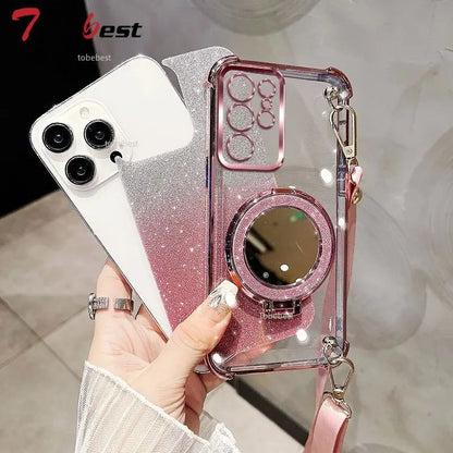 Crossbody Lanyard Glitter Shockproof Plating Case For Samsung Galaxy S25 S24 S23 S22 S21 S20 Ultra FE Plus Mirror Holder Cover