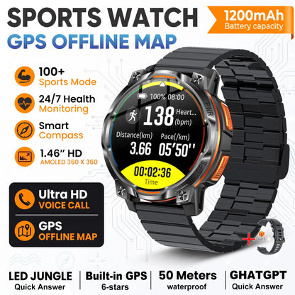 New Technology 2026 Offline Map GPS Smart Watch Men 1200mAh Battery Waterproof Compass Altimeter 100+Sports Military Smart Watch