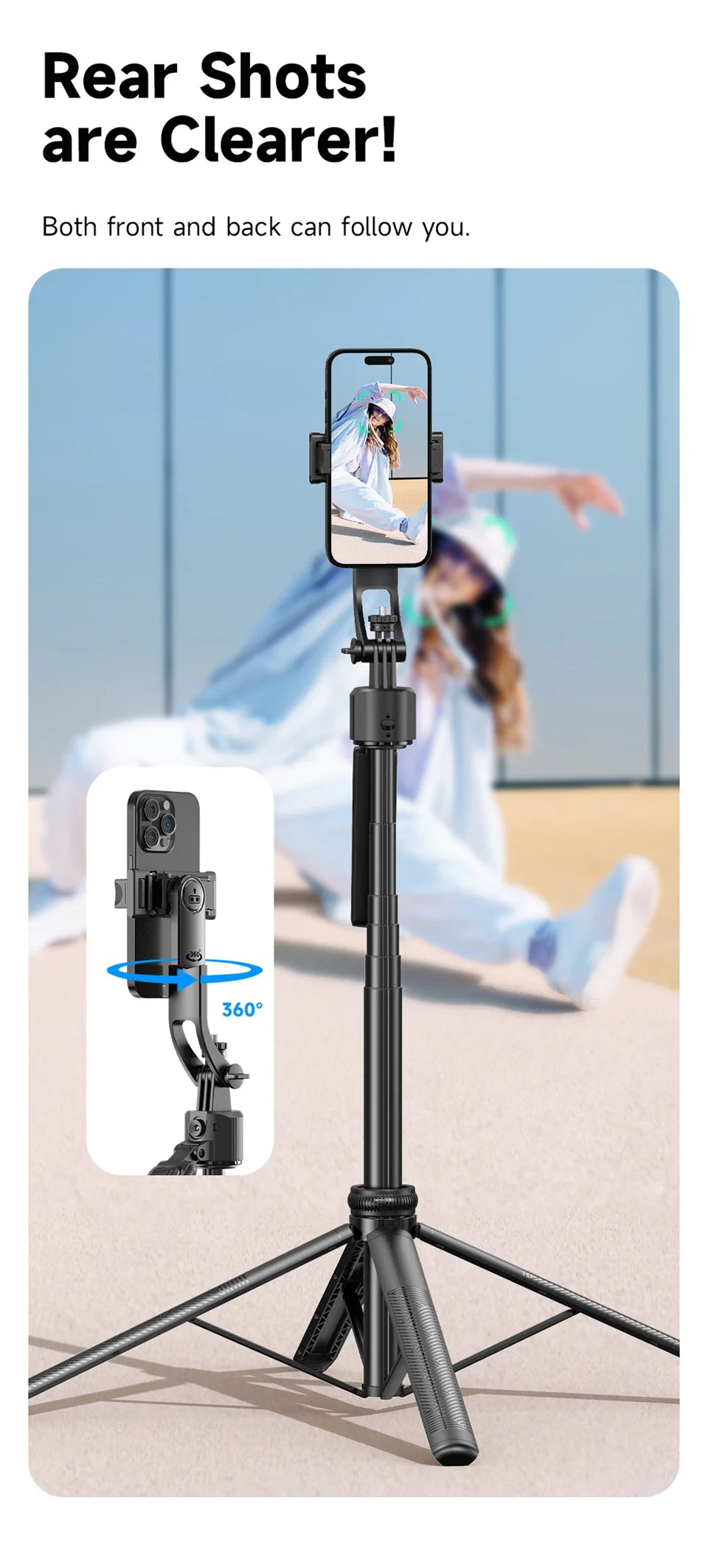 Selfie Stick Tripod Gimbal for Cell Phone 360° Auto-Rotation AI Tracking Stabilizer Shooting Quadrapod with Optional Fill Light