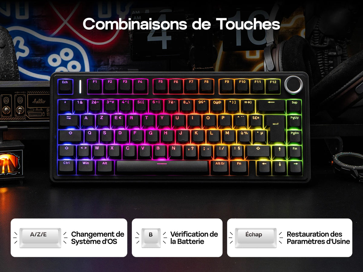 ISO-FR Layout AULA F75 75% AZERTY French Layout Wired/Bluetooth/2.4G Wireless Mechanical Gaming Keyboard RGB Backlighting 4000mAh Battery For Win/Mac