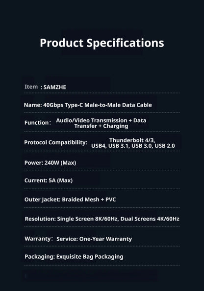 SAMZHE USB4 USB C to USB C Cable 40Gbps 8K 240W PD3.1 Fast Charging Type C Data Video Cable for MacBook iPhone iPad Monitor Dock