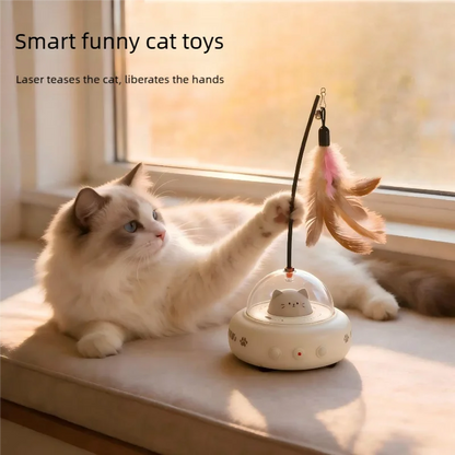 Electric UFO Smart Teaser Cat Toy with Bell Interactive Pet Teaser Stick Replaceable Feather Training Supplies for Cats