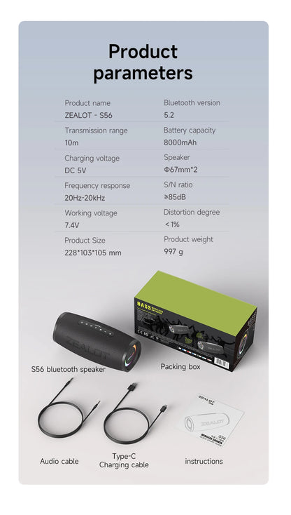 ZEALOT-S56 Bluetooth Speaker 40W Output Power Bluetooth Speaker with Excellent Bass Performace IPX6 Waterproof Camping Outdoor