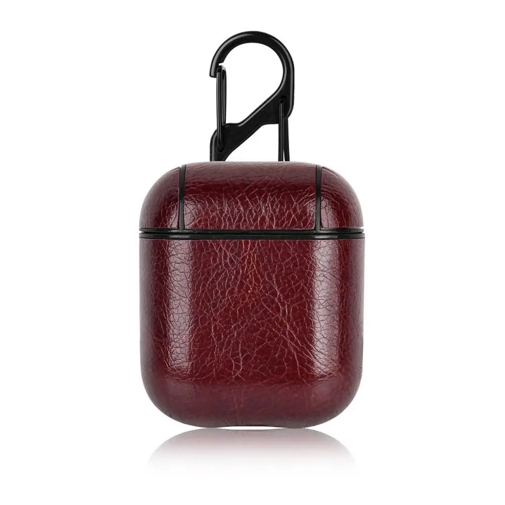 PU Leather Earphone Case for AirPods 1/2 Gen Earbuds Cover Wireless Headphone Protective Shell with Carabiner