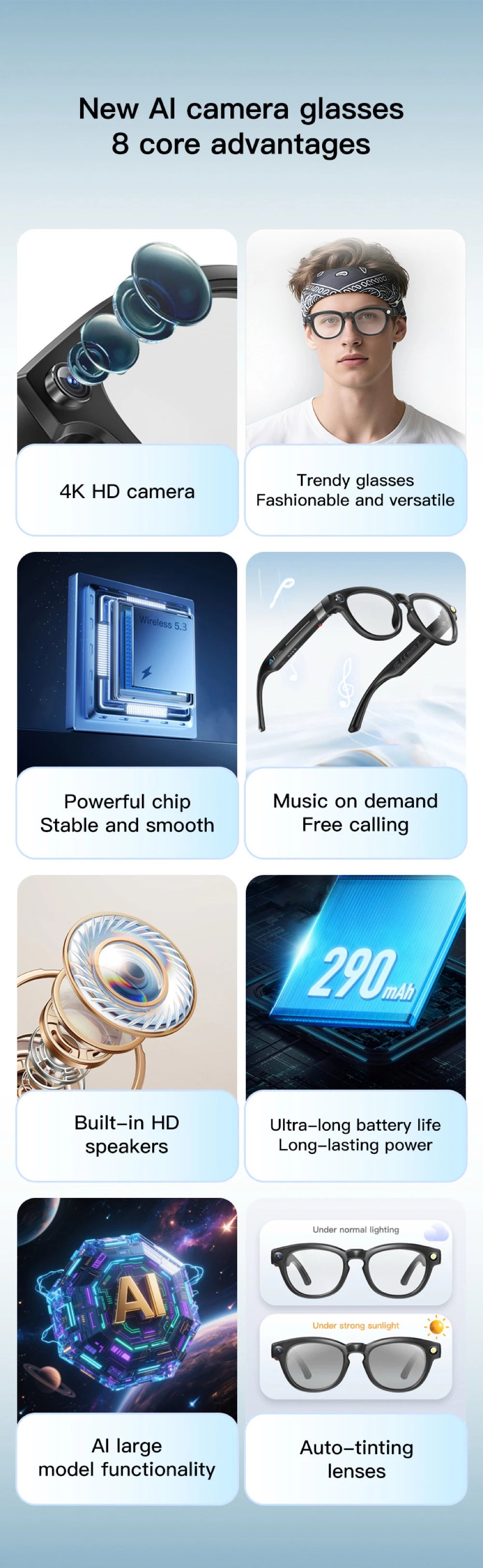 AI Shooting Smart Glasses Blue Tooth Call Automatic Color Changing Lenses Real Time Translation Music 4K Camera Men Women