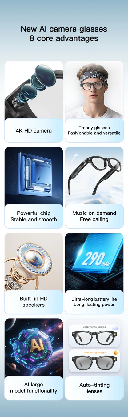 AI Shooting Smart Glasses Blue Tooth Call Automatic Color Changing Lenses Real Time Translation Music 4K Camera Men Women