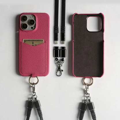 Multifunctional Charging Cable Lanyard Genuine Leather Case for IPhone 18 Pro Max 17Pro 16 15 14 13Pro Crossbody Strap Card Slot