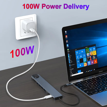 USB C HUB 4K30Hz Docking Station 8-IN-1 USB 3.0 Splitter Type C to RJ45 SD/TF Card Reader for MacBook Notebook Laptop Computer