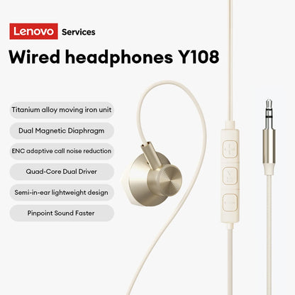 NEW Lenovo Y108 Wired Earphones Semi-In-Ear E-Sports Headphones 3.5mm Type-C Noise Reduction Stereo Music Earbuds 1.25M with Mic