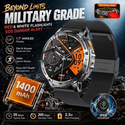 Ultra Large 1400mAh Battery Sport Smartwatch 1.7” Heart Rate Tactical Strong Flashlight 5ATM Waterproof Call Smart Watch For Men