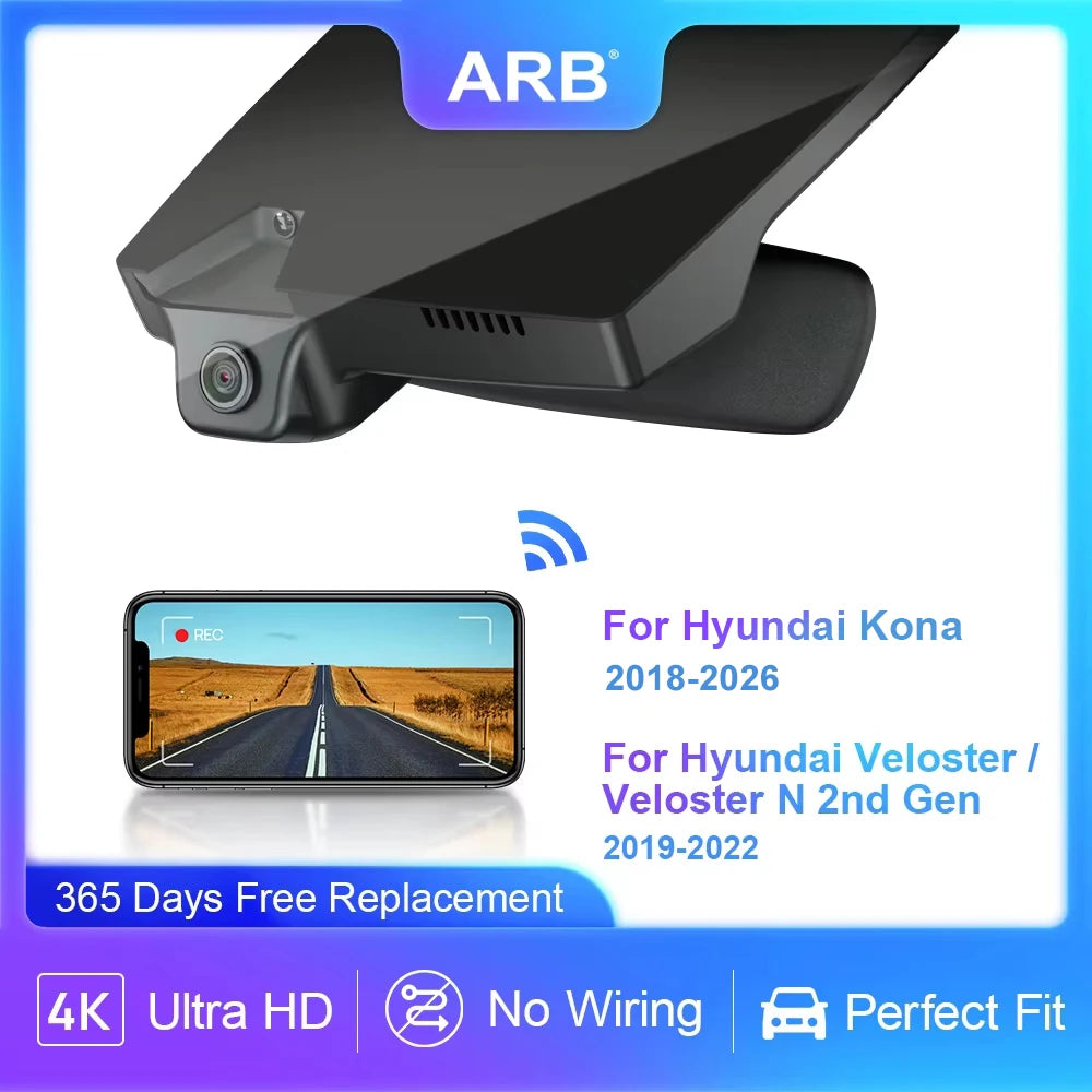 ARB 4K Car DVR for Hyundai Kona/Kona Electric 2018-2026 & Veloster/Veloster N 2019-2022, OEM Style Dash Camera WIFI APP LHD