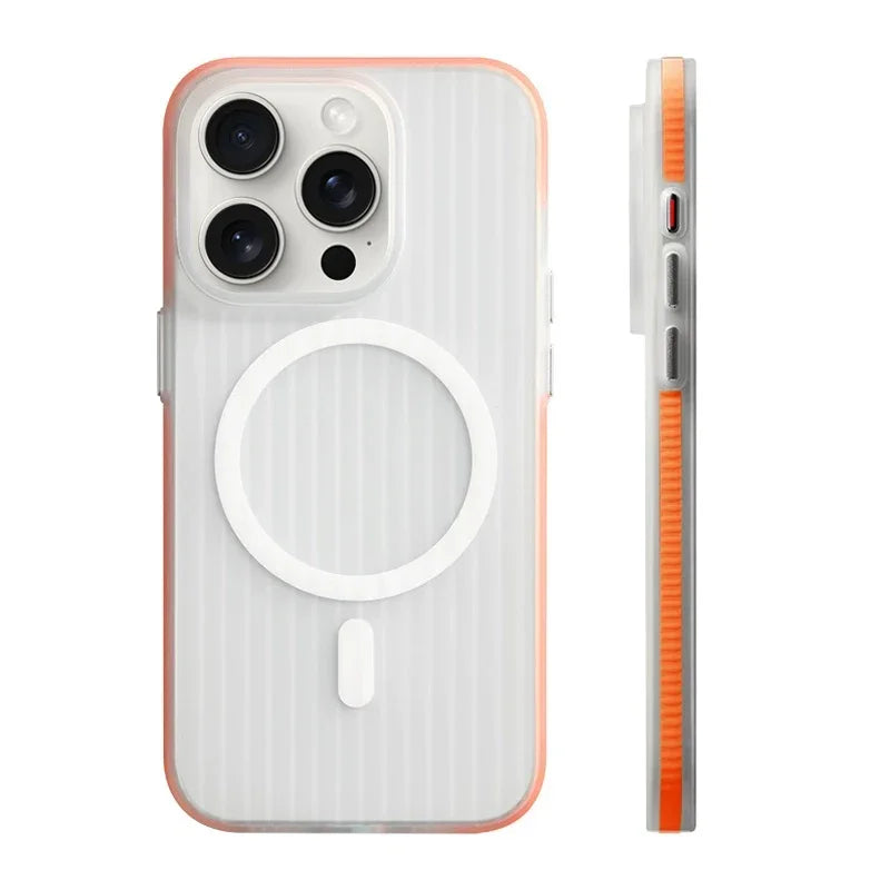 Geometric 3D Stripes Wireless Charging MagSafe Phone Case For iPhone 14 15 18Pro Max 15 13 Pro 16 Anti-fall Bumper Frosted Cover