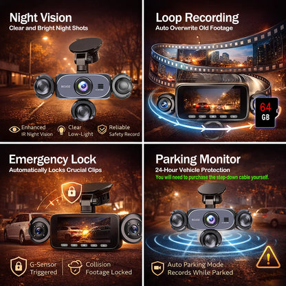 BCUOZ 360° Dashcam 5-Lens 1080P Front 720P Rear Left Right Car Cameras Super Night Vision G-Sensor WDR Loop Recording 12-24V Plug Power Supply Optional 64GB Memory Card