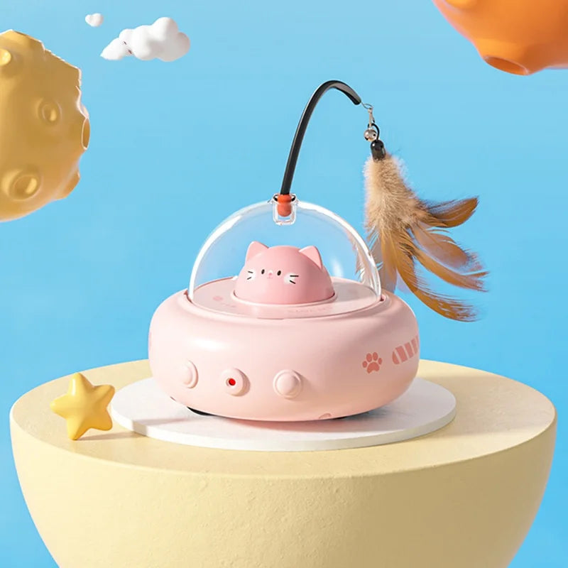 Electric UFO Smart Teaser Cat Toy with Bell Interactive Pet Teaser Stick Replaceable Feather Design for Training And Interactive