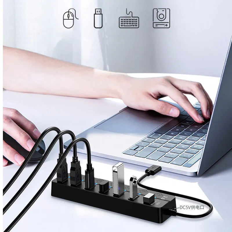 USB HUB 3.0 USB 2.0 Hub Multi USB Splitter Hub Use Power Adapter 4/7 Port Multiple Expander USB 3.0 Hub with Switch 30CM Cable
