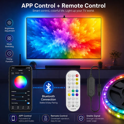 TV Sync LED Backlight with Mnini Camera, RGBIC Strip Light, Bluetooth APP & Remote Control, Music Sync, 3.8M/5M USB Lamp Tape