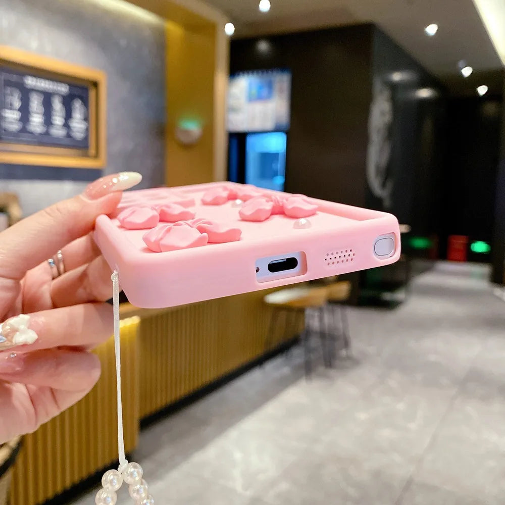 3D Pearl Pink Bow Lanyard Phone Case For Samsung Galaxy S25 S24 Ultra S23 S22 S21 Plus A53 A54 Bracelet Wrist Strap Soft Cover