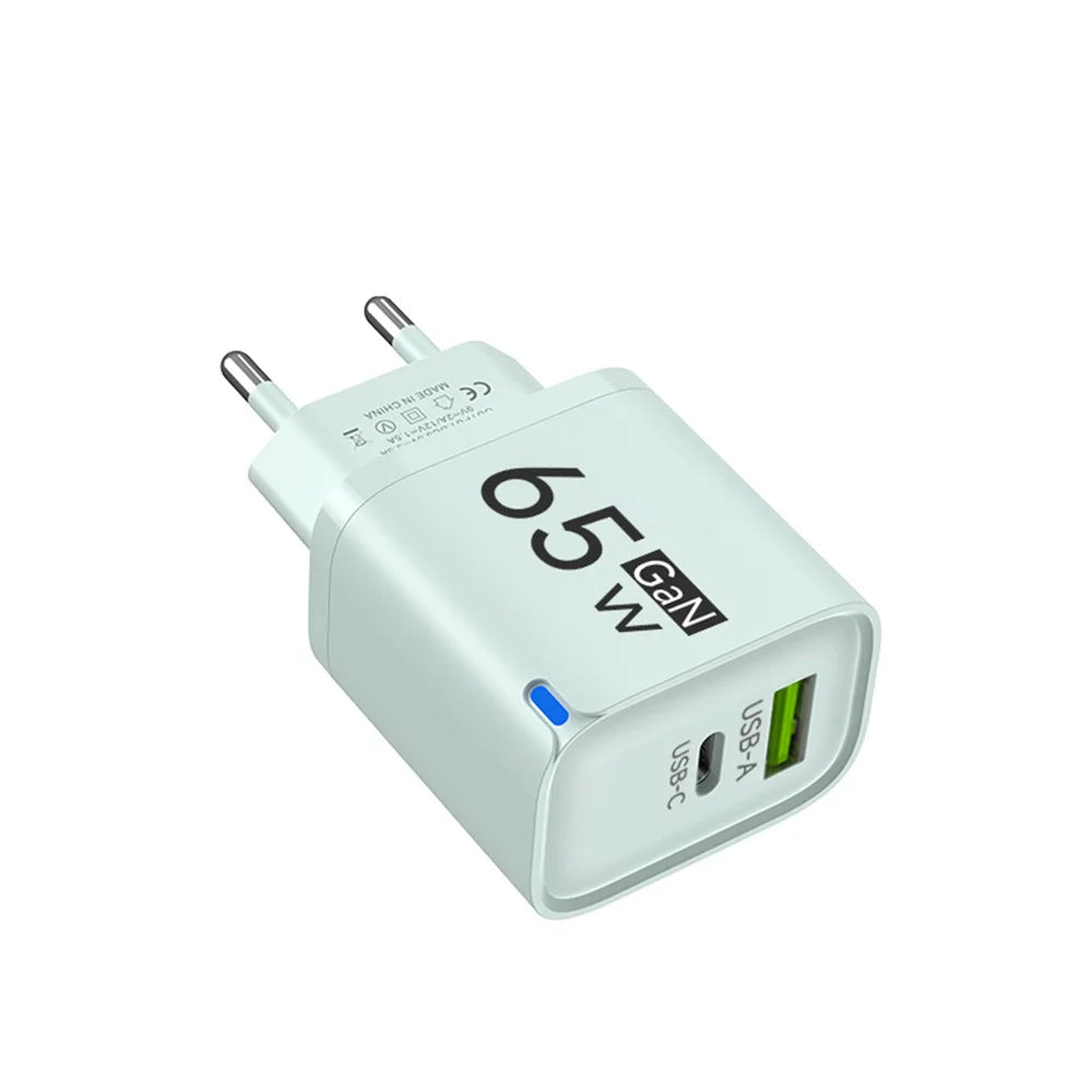 GaN 65W USB Type C Fast Charger 2 in 1 Portable Phone Wall Charger Quick Charge EU US UK Plug For iPhone Samsung Xiaomi Huawei