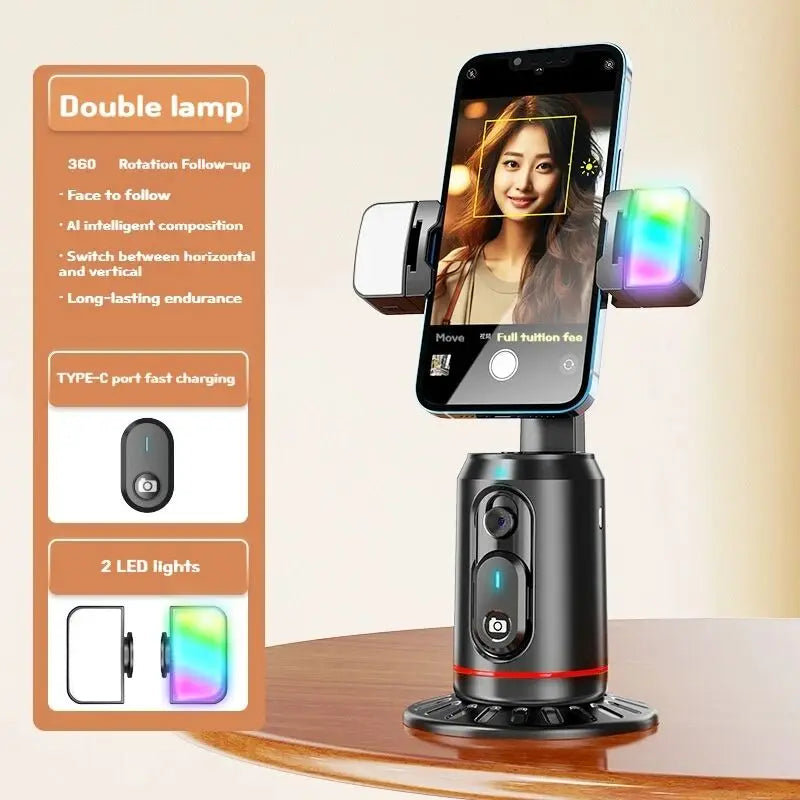 FANGTUOSI 360° Rotation Gimbal Stabilizer Tripod Selfie Stick Desktop Face Tracking With Bluetooth Remote Shutter Light Holder
