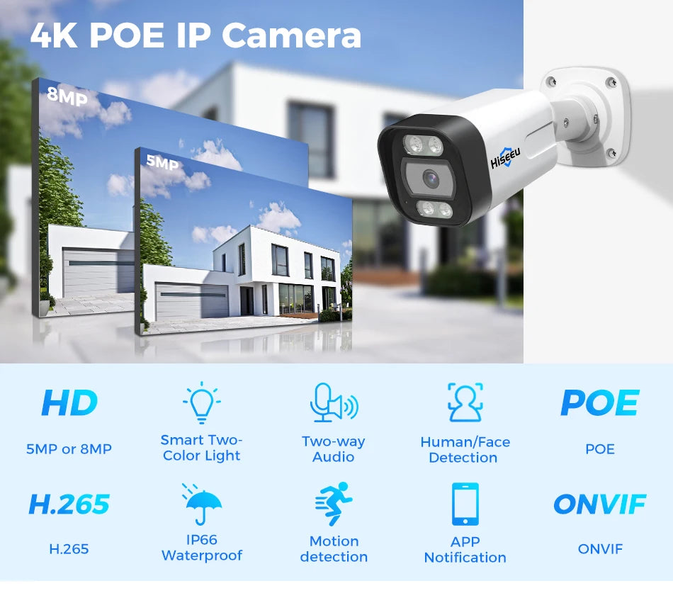 Hiseeu POE 5MP 8MP 4K IP Camera Color Night Vision Face Detection Waterproof H.265 Home Security Surveillance CCTV Cameras