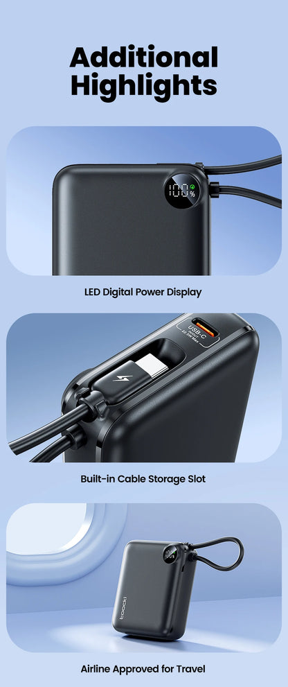 Toocki Portable PowerBank Built-in USB C Cable 10000/20000mAh PD 22.5W Fast Charging Power Bank for iPhone 16 15 14 13 Samsung