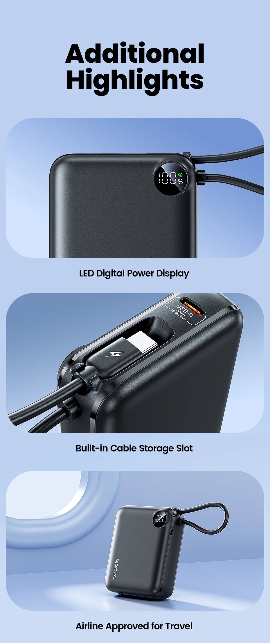 Toocki Portable PowerBank Built-in USB C Cable 10000/20000mAh PD 22.5W Fast Charging Power Bank for iPhone 16 15 14 13 Samsung