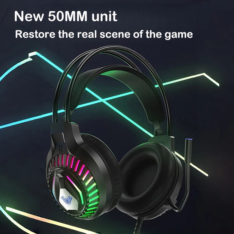 AULA S605 Wired Gaming Headset 50mm Driver Dual 3.5mm+USB RGB Bass for PC/Laptop/PS4/Over-Ear Headphones