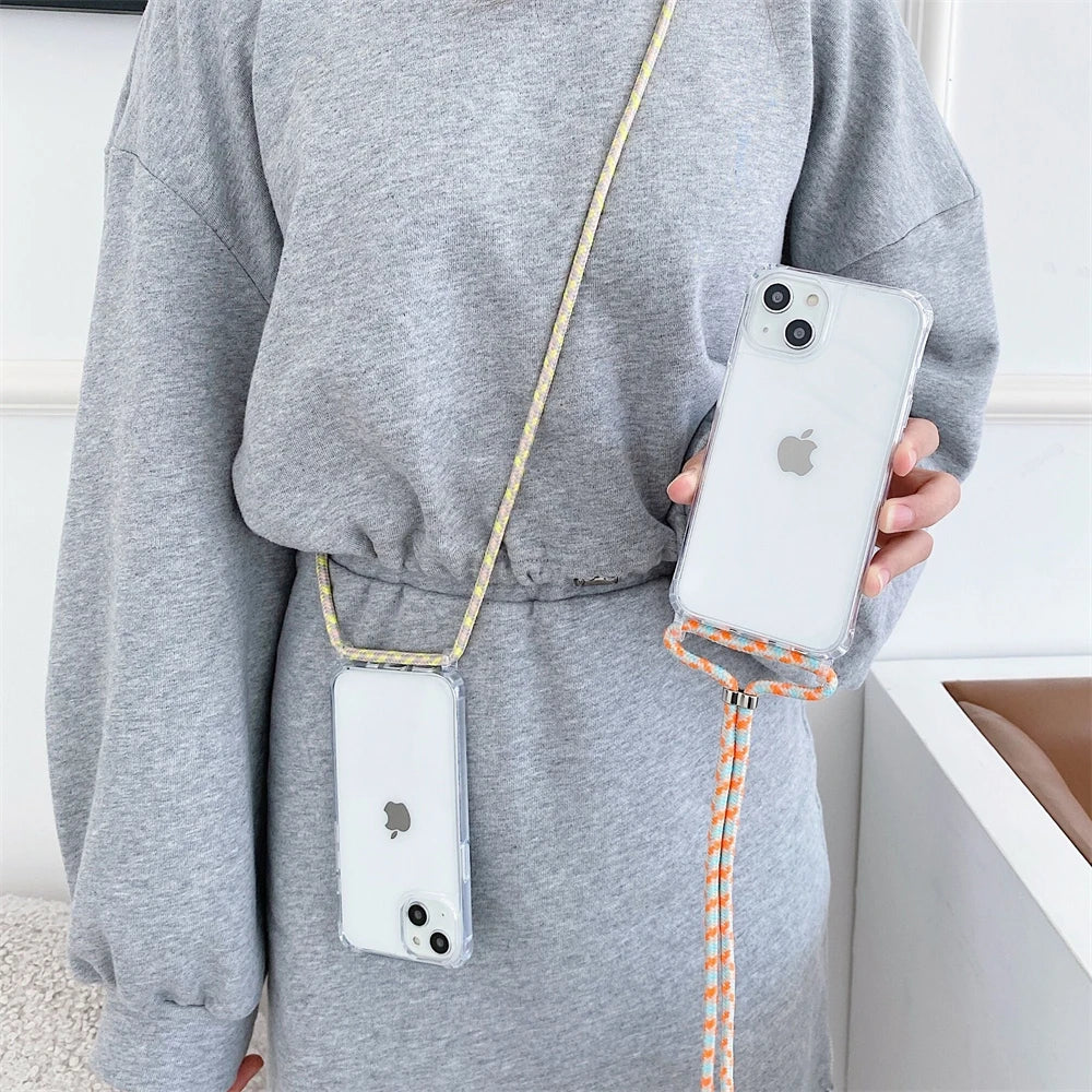 Crossbody Necklace Cord Lanyard Transparent Phone Case For iPhone 16 15 13 Pro Max 12 11 7 8 Plus X XR XS Strap Hang Rope Cover