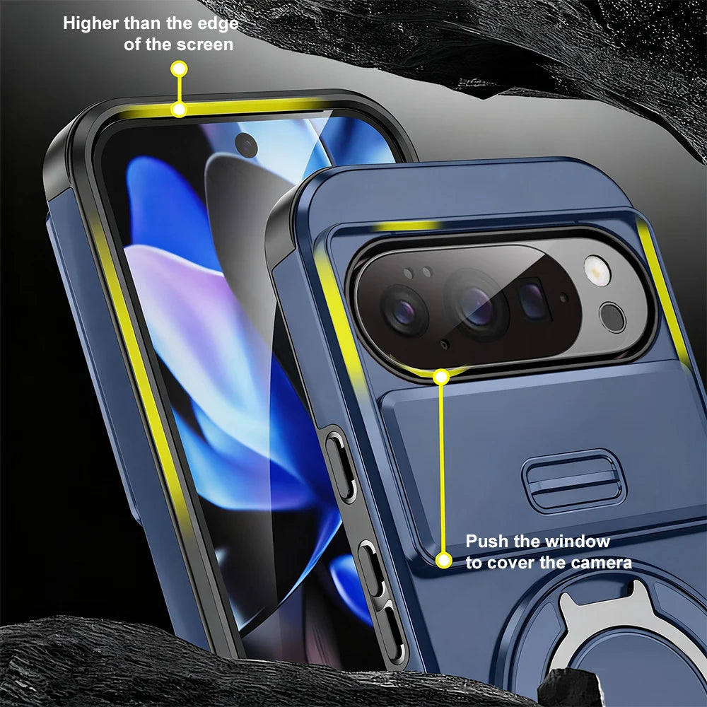 Heavy Duty Rugged Phone Case for Google Pixel 10 9  Pro XL 7 8 9 10 Pro 8A 9A Cases with Sliding Lens Cover Ring Kickstand Funda