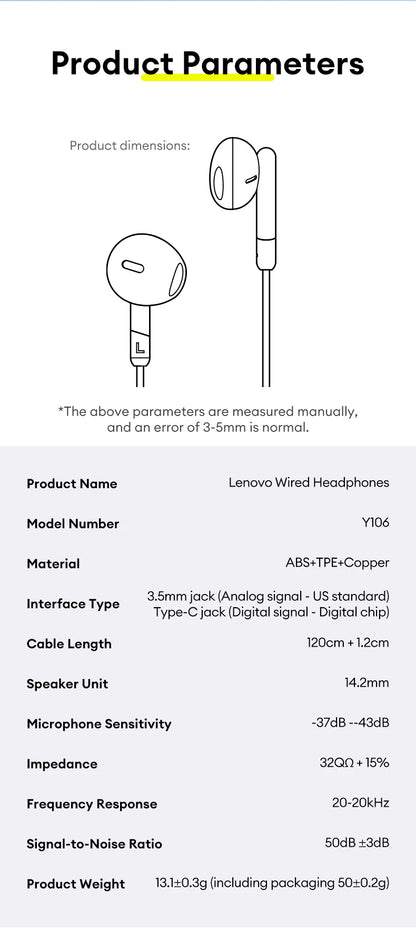 Lenovo Y106 3.5mm TypeC Wired Earphone With Microphone In Ear Wire-controlled Headset HiFi Sound Gaming Earbuds Low Latency New