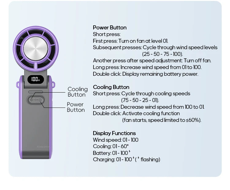 KINSCOTER Outdoor Foldable Portable Handheld Fan Mini Cooling Rechargeable 3600mAh 100-level Free Control High Speed Turbo Fan