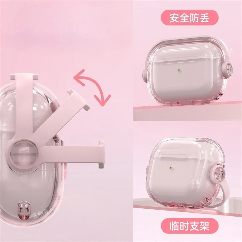 For AirPods Pro3 2 Pink Clear Case Cute Music Stand Holder Silicone Soft TPU Protective Earphone Cover For Airpods 5 4 2 3 case