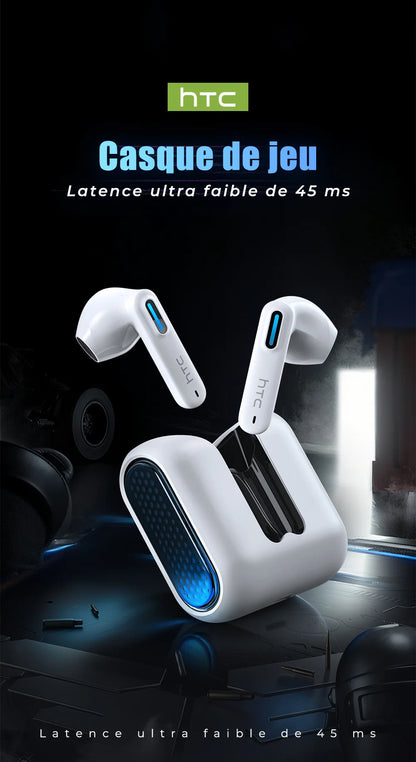 HTC Wireless Bluetooth Earphones Low Latency Gaming Headphones USB-C 30Hrs Playback Comfortable Earbuds With Noise Canceling Mic
