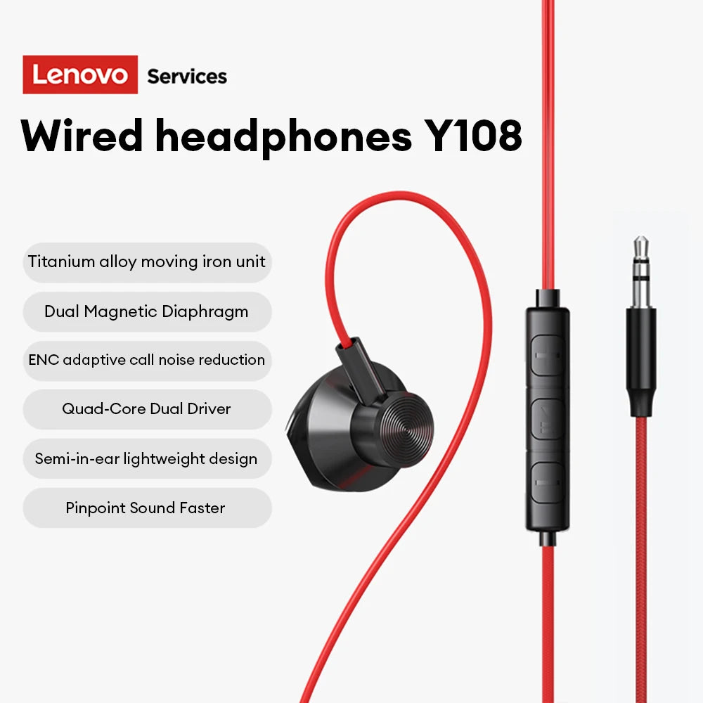 NEW Lenovo Y108 Wired Earphones Semi-In-Ear E-Sports Headphones 3.5mm Type-C Noise Reduction Stereo Music Earbuds 1.25M with Mic