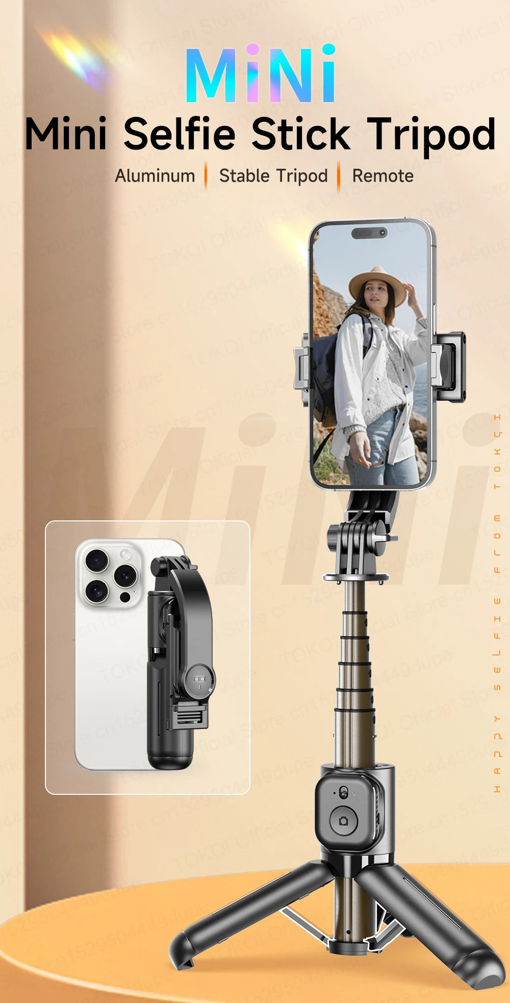 TOKQI Mini Selfie Stick Tripod with 3 Color Fill Light Detachable Holder 360 Rotation Bluetooth Remote for Vlog Live Streaming