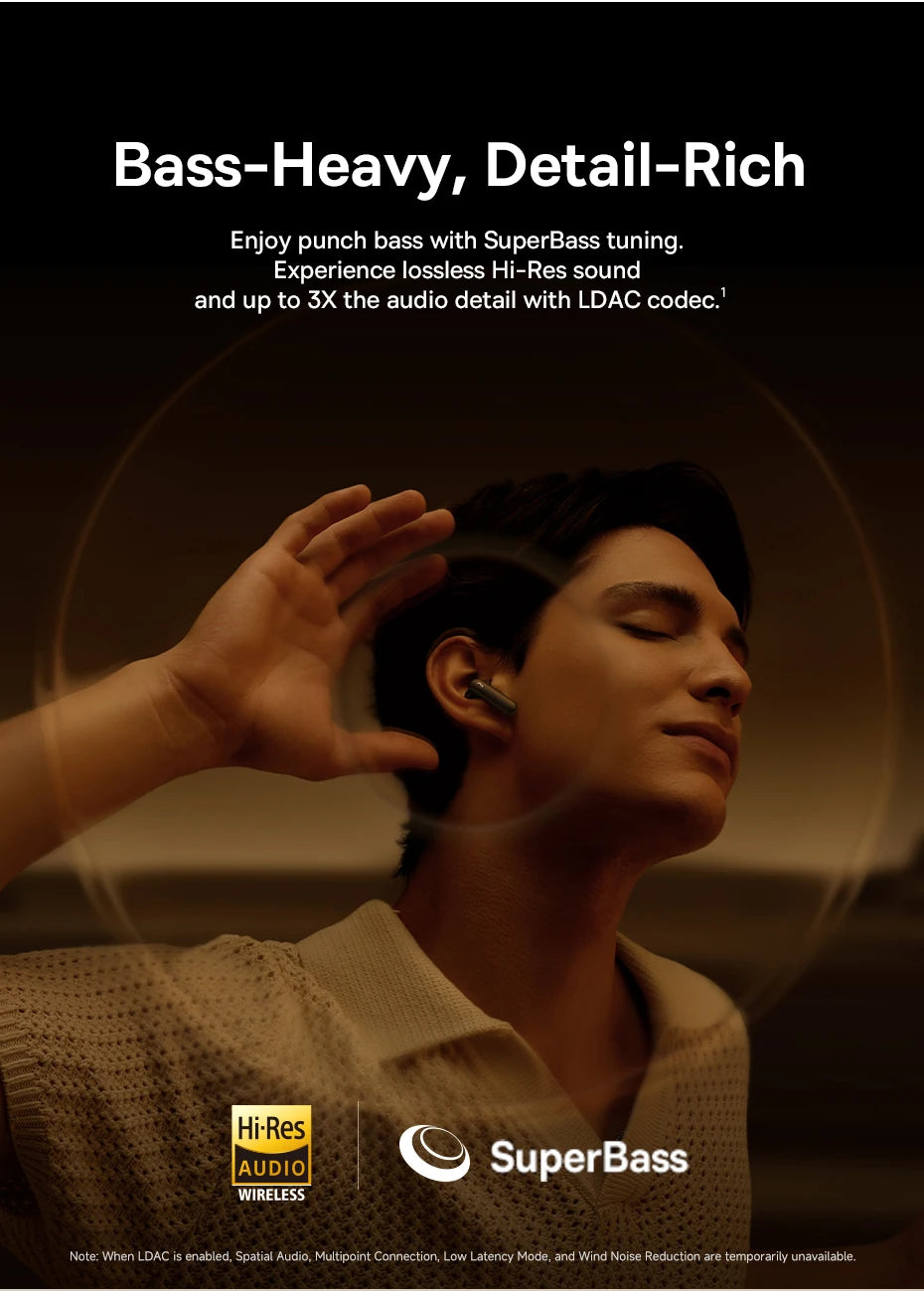 Baseus Bowie MS1 -55dB Adaptive ANC Earbuds Semi-In-Ear Wireless Bluetooth 6.0 Earphones Stable Fit Ear Hi-Res Audio Headphone