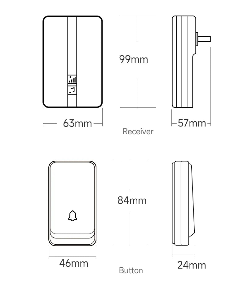Wireless Doorbell Self-Powered No Battery Waterproof IP44 Wide Voltage 110-240V Global Plugs Long Range Remote Control CE