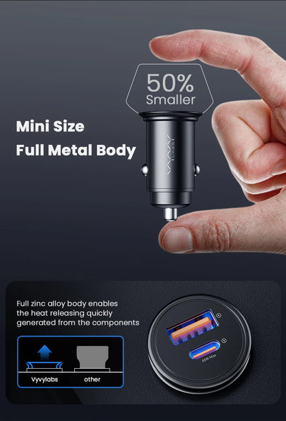 Vyvylabs 65W Car Charger Zinc Alloy Mini USB-A Type-C Fast Charging Adapter DC12V-24V Car Max 65W for iPhone 17 Samsung Huawei
