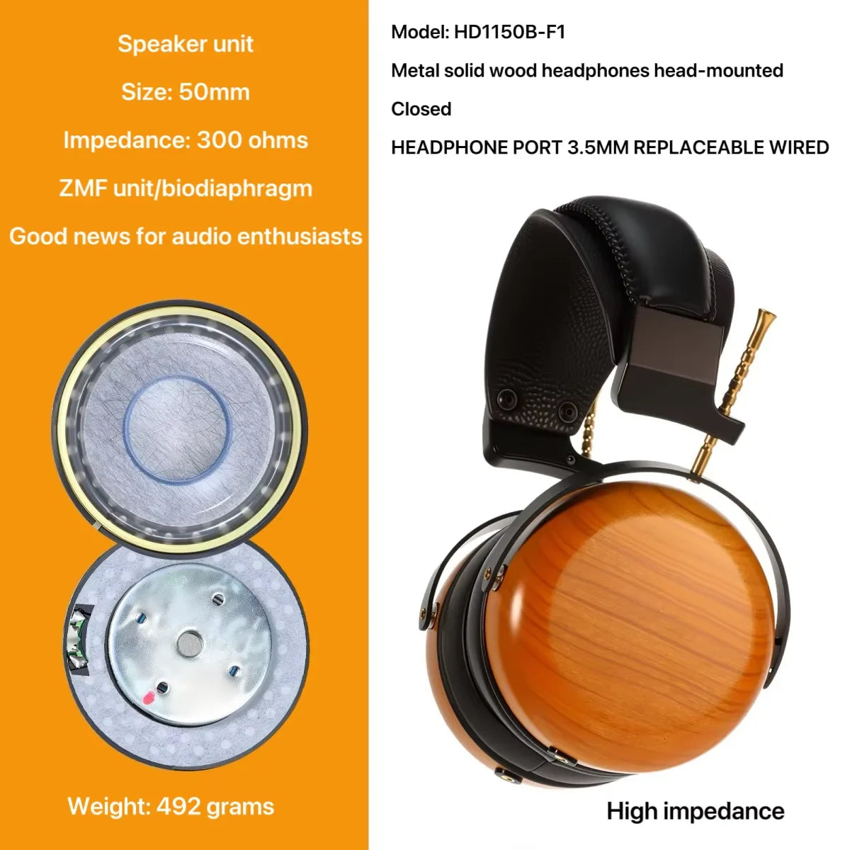 Closed-back Music Analysis Over-ear Headphones with 50mm Bio-diaphragm Monitoring Headsets