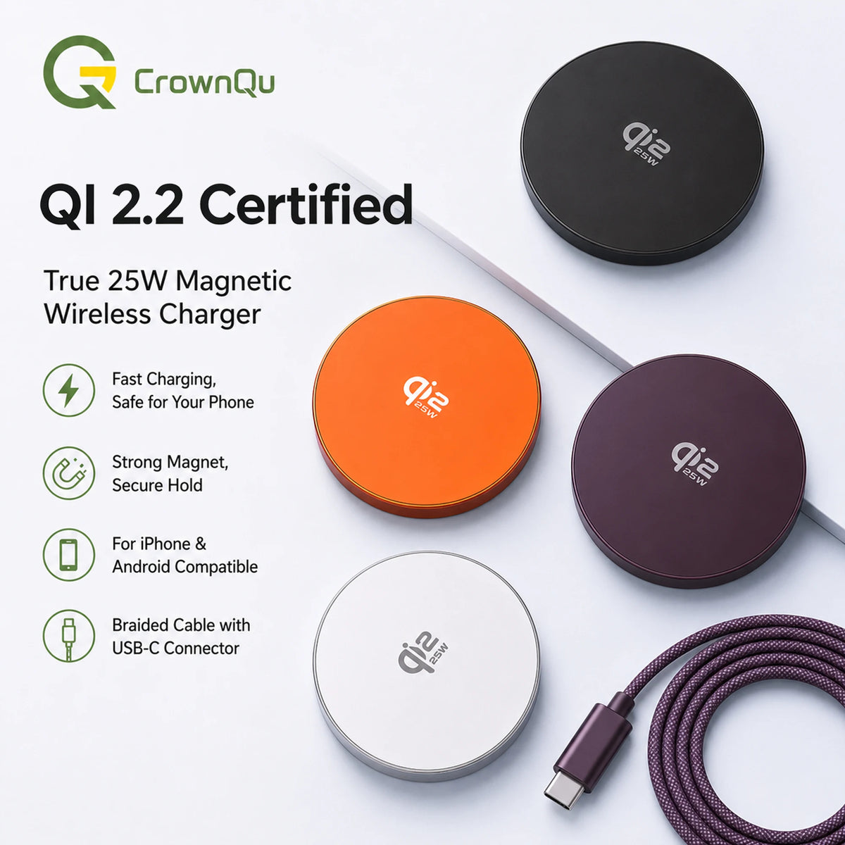 Qi2.2 Magnetic Charger 25W Magnetic Induction Fast Charging For Macsafe IPhone18 17 16 15 14 12ProMax‌ 5W Airpods Xiaomi Samsung