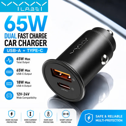 Vyvylabs 65W Car Charger Zinc Alloy Mini USB-A Type-C Fast Charging Adapter DC12V-24V Car Max 65W for iPhone 17 Samsung Huawei