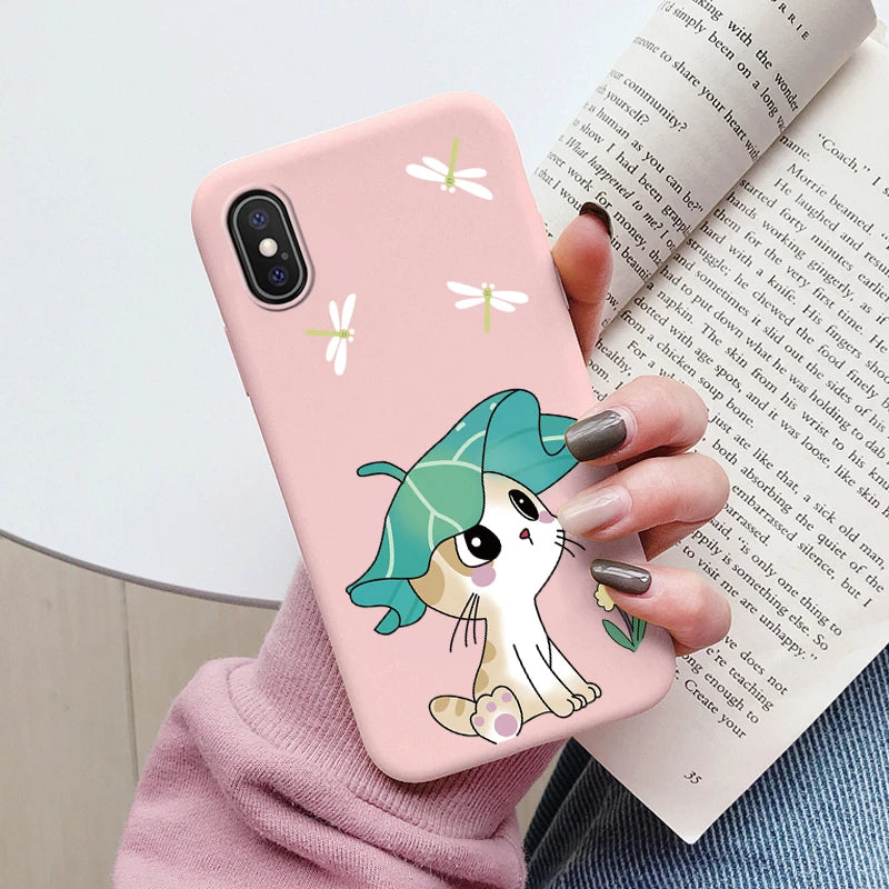 Flowers Funda For Phone Case iPhone X XS MAX XR Capa Soft Silicone Cute Cat Bear Back Cover For iPhone XR Bumper Women Anti-Fall