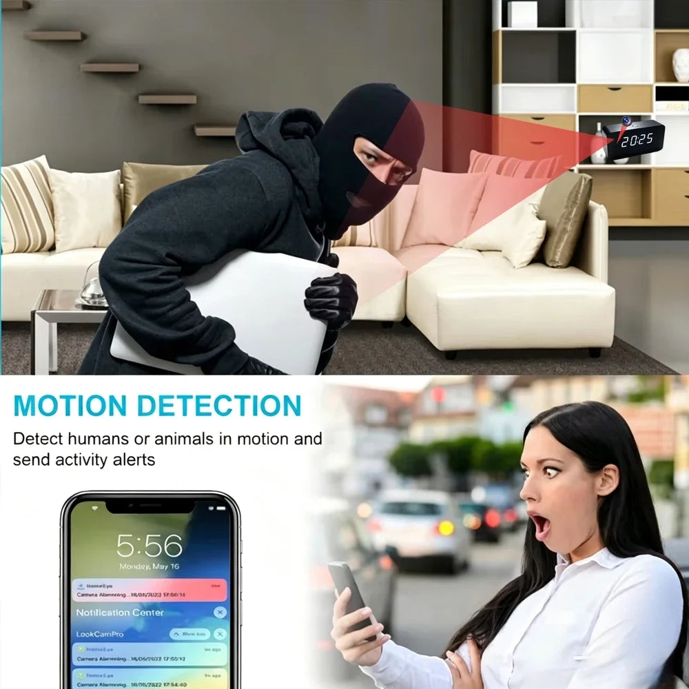 4K New mini WiFi Clock Camera, Supports Infrared Night Vision, Motion Detection, Remote Viewing, LED Lights Can Be Turned off