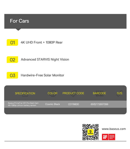 Baseus 4K Dash Cam for SONY Sensor STARVIS Night Vision Front and Rear Car Camera ADAS WiFi6 GPS 24H Parking Dashcam
